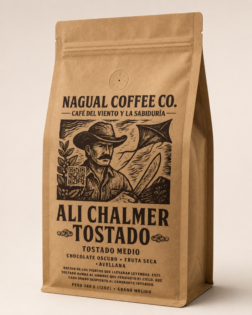 Ali Chalmer Coffee bags on rustic wooden surface
